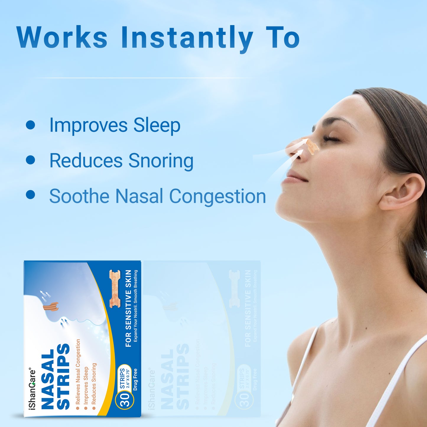 ishancare Nasal Strips for Breathing, 30 Count Sleep Nasal Strips for Snoring, Instant Tan Nose Breathing Strips for Better Sleep, Anti Snoring Nose Strips for Men & Women