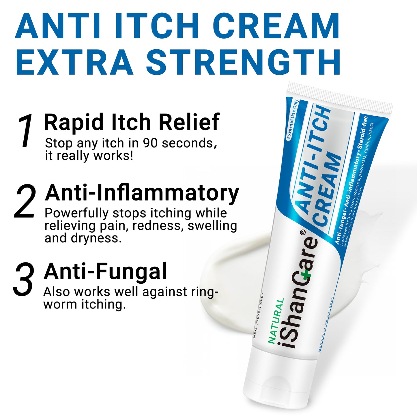 ishancare Anti Itch Soothing Cream Extra Strength Skin Itch Relief Ointment, for Full Body Itching Caused by Seasonal Changes, Dermatitis, Eczema, Rash, Psoriasis, Hives, Bites, Poison Ivy, 1.76 oz