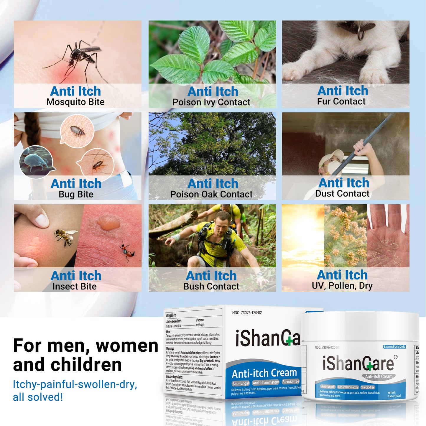 ishancare Anti Itch Cream Extra Strength, Oatmeal Soothing Skin Itch Relief Ointment for Rash, Dermatitis, Eczema, Psoriasis, Hives, Sun, Bites, Poison Ivy, Large Can 3.5 oz