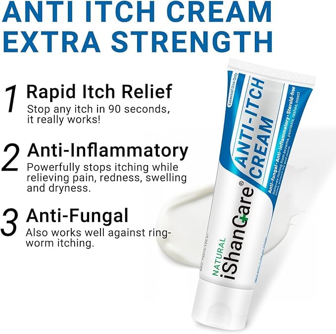 iShanCare® Anti Itch Cream, Maximum Strength Instant Itch Relief for Rash, Eczema, Bug/Mosquito Bites, Psoriasis, Poison Ivy, Dermatitis, Soothing Moisturizer for Dry, Sensitive Skin