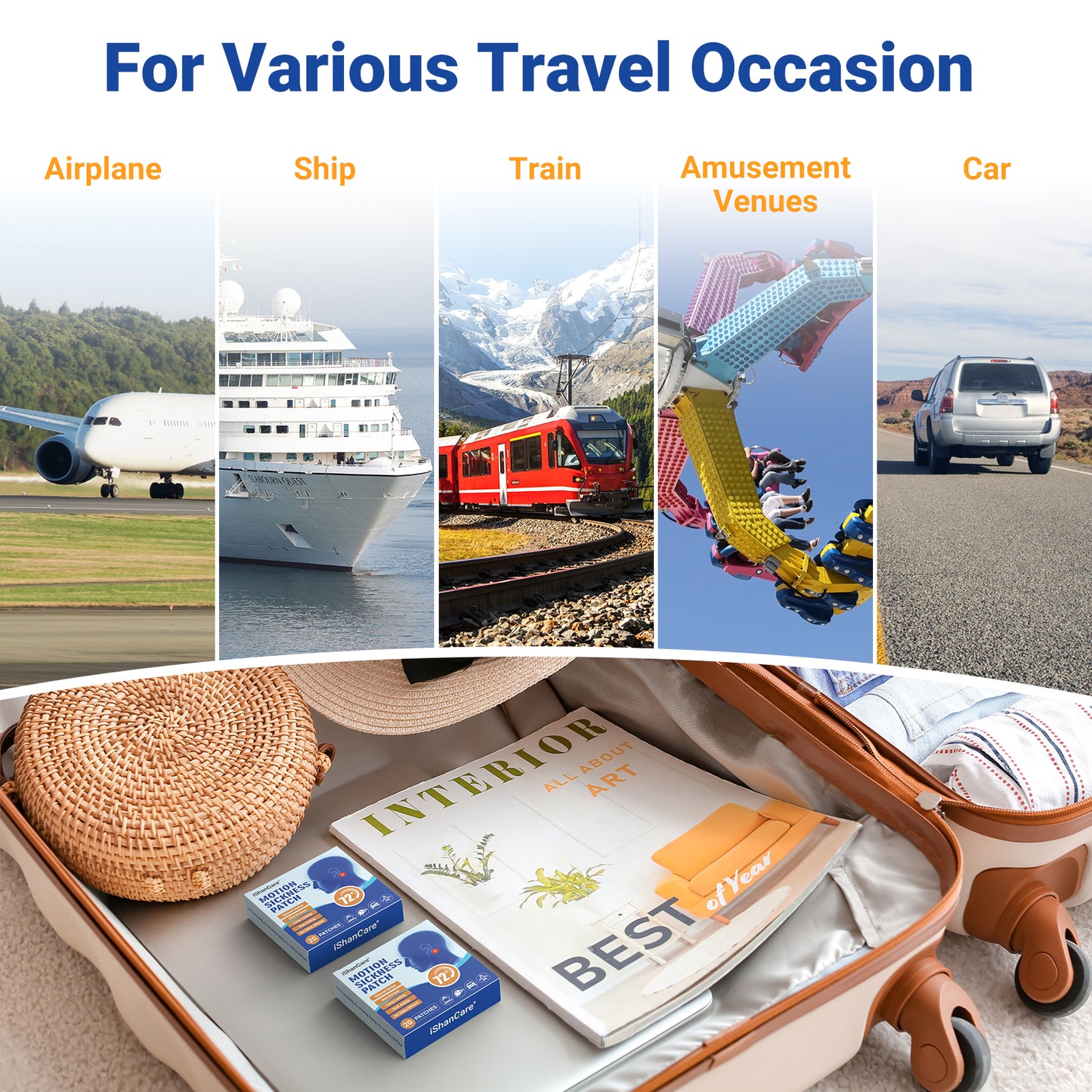 ishancare Motion Sickness Patches, Non Drowsy, 20 Count Sea Sickness Patches for Cruise Travel Essentials, Waterproof Behind Ear for Car, Airplane, Ship, Fast Acting Long Lasting 72H