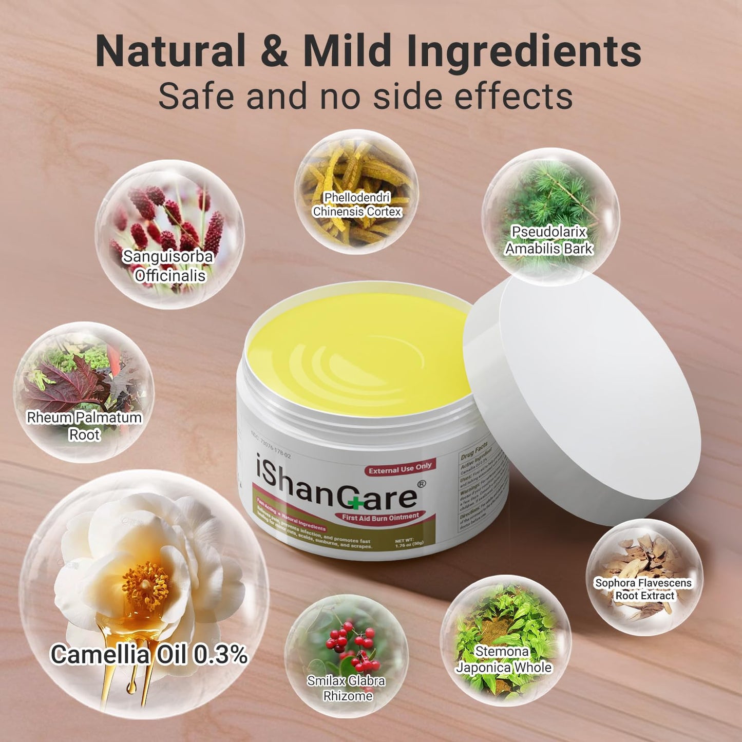 ishancare Burn Ointment with Camellia Oil, Fast-Acting Natural Relief for Burns, Sunburns, Cuts & Scrapes, Ensitive Skin Safe, 1.76oz