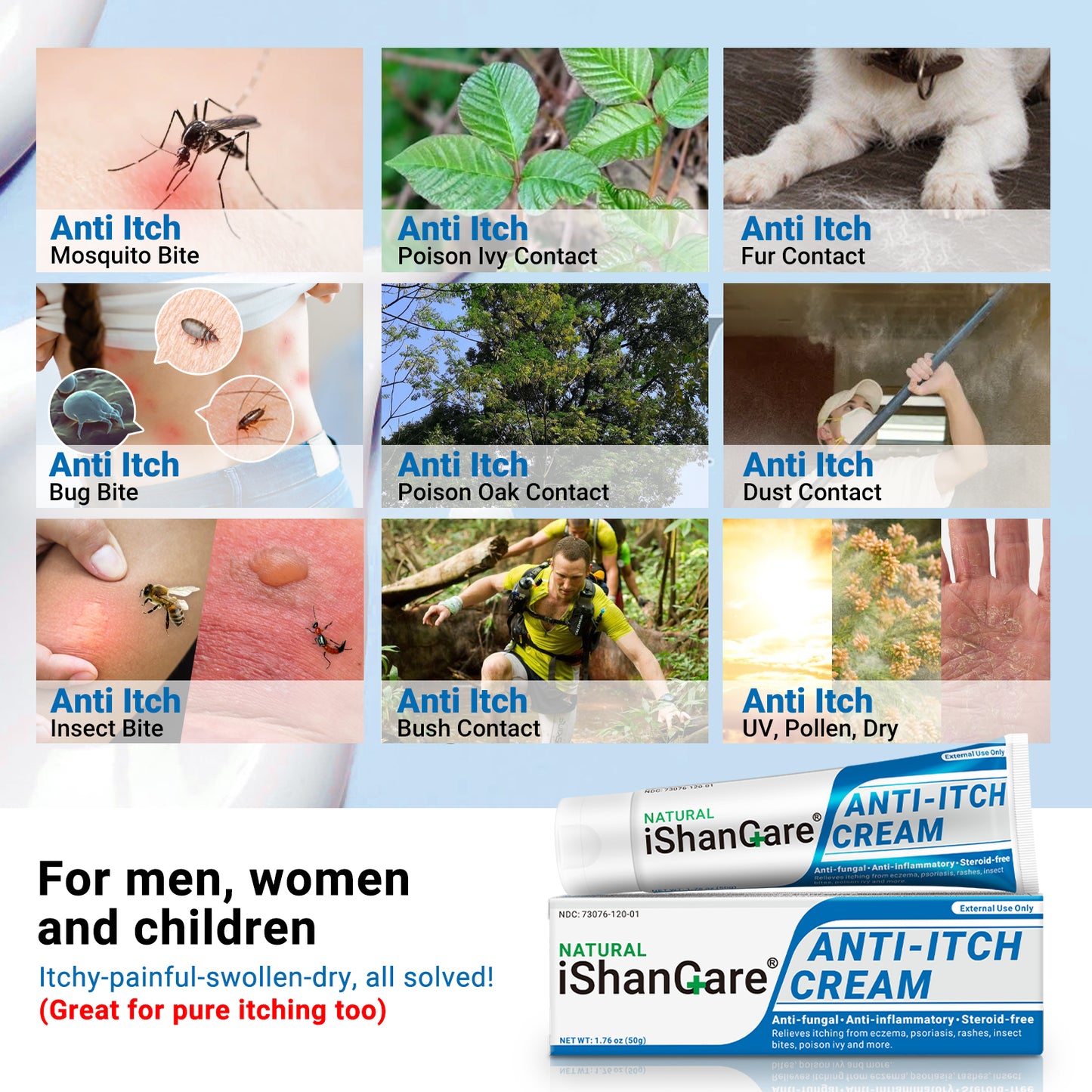 ishancare Anti Itch Soothing Cream Extra Strength Skin Itch Relief Ointment, for Full Body Itching Caused by Seasonal Changes, Dermatitis, Eczema, Rash, Psoriasis, Hives, Bites, Poison Ivy, 1.76 oz