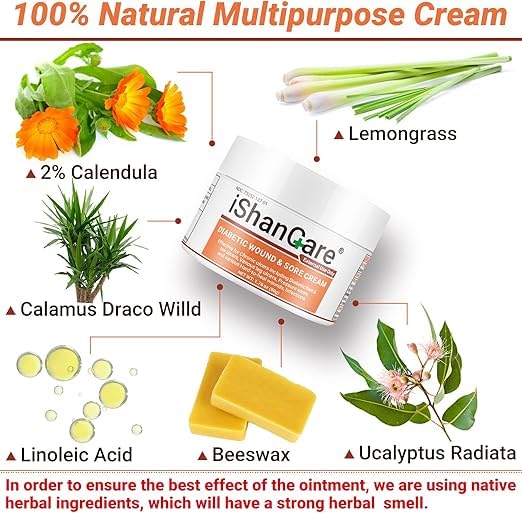 iShanCare® Diabetiker-Wundgeschwür-Creme - Erste-Hilfe-Heilsalbe, natürliche Schutzsalbe für Bein- und Fußgeschwüre, venöse Geschwüre, Wundliegen, Druckgeschwüre und septische Wunden