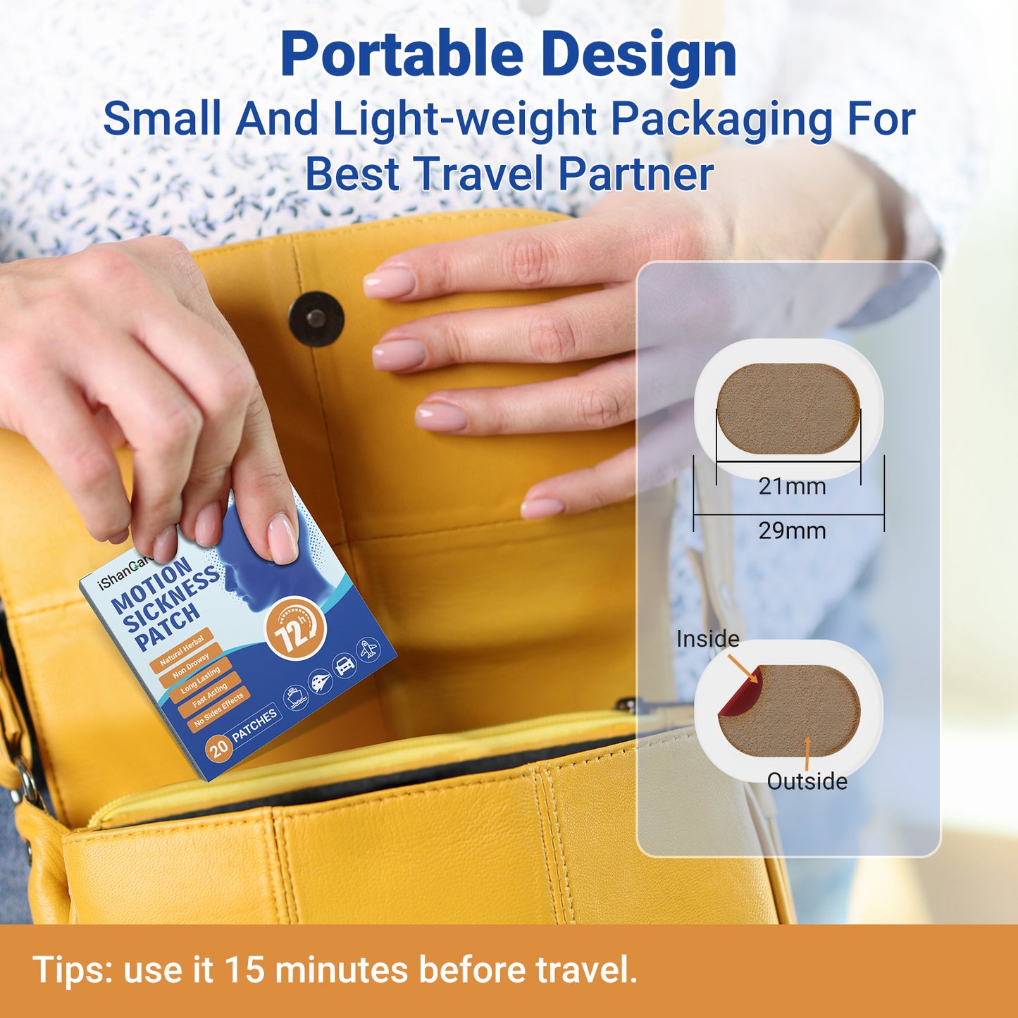 ishancare Motion Sickness Patches, Non Drowsy, 20 Count Sea Sickness Patches for Cruise Travel Essentials, Waterproof Behind Ear for Car, Airplane, Ship, Fast Acting Long Lasting 72H