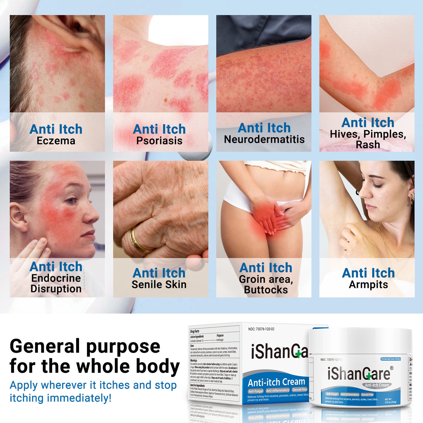 ishancare Anti Itch Cream Extra Strength, Oatmeal Soothing Skin Itch Relief Ointment for Rash, Dermatitis, Eczema, Psoriasis, Hives, Sun, Bites, Poison Ivy, Large Can 3.5 oz