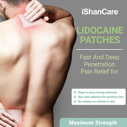 ishancare Lidocaine 4% Patches Pain Relief Maximum Strength Fast-Acting for Back Neck Shoulders, Knees, Elbows Topical Analgesic Unscented 14 Count