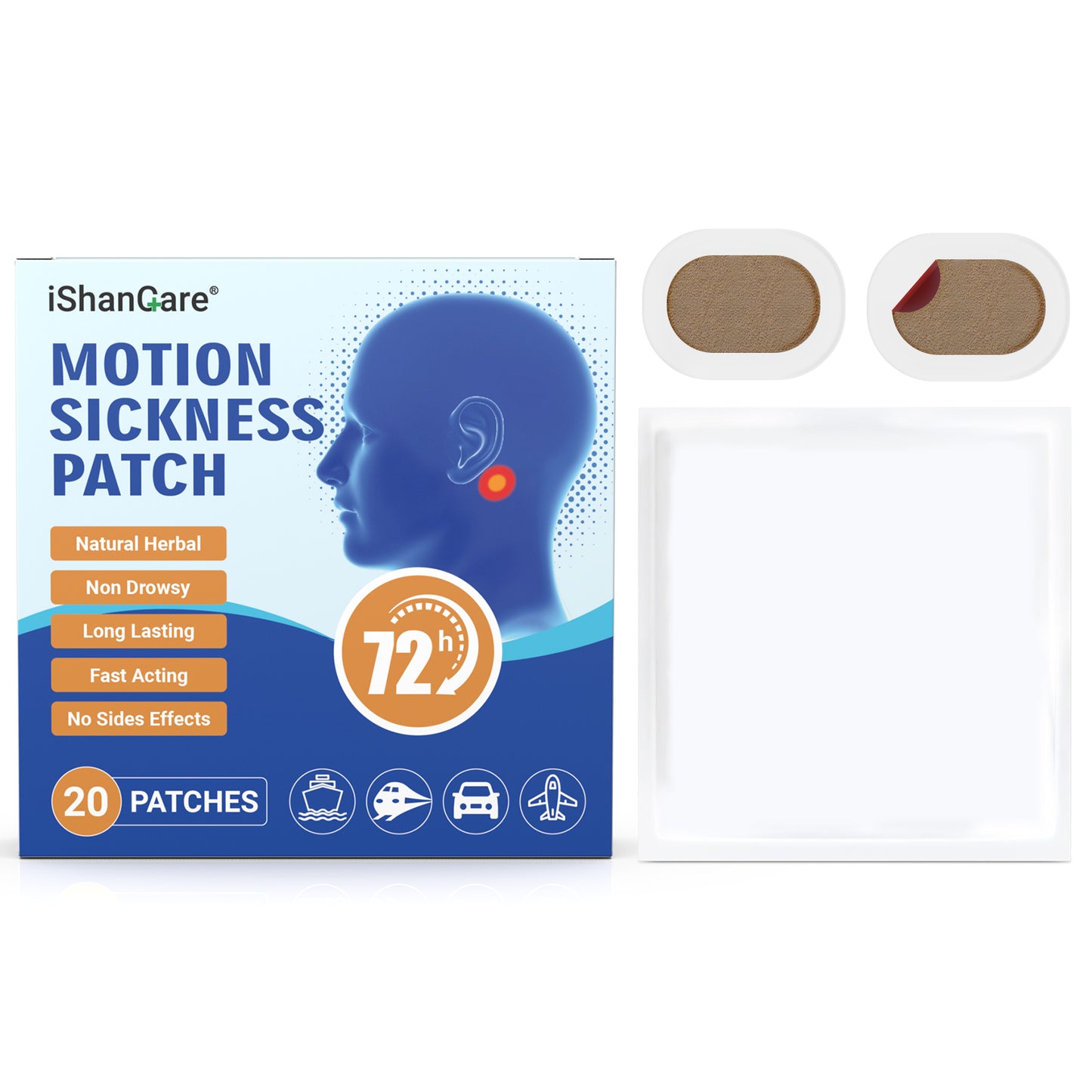 ishancare Motion Sickness Patches, Non Drowsy, 20 Count Sea Sickness Patches for Cruise Travel Essentials, Waterproof Behind Ear for Car, Airplane, Ship, Fast Acting Long Lasting 72H