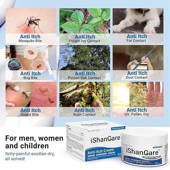 iShanCare® Anti-Juckreiz-Creme, maximale Stärke, sofortige Linderung von Juckreiz bei Hautausschlag, Ekzemen, Insekten-/Mückenstichen, Psoriasis, Poison Ivy, Dermatitis,beruhigende Feuchtigkeitscreme