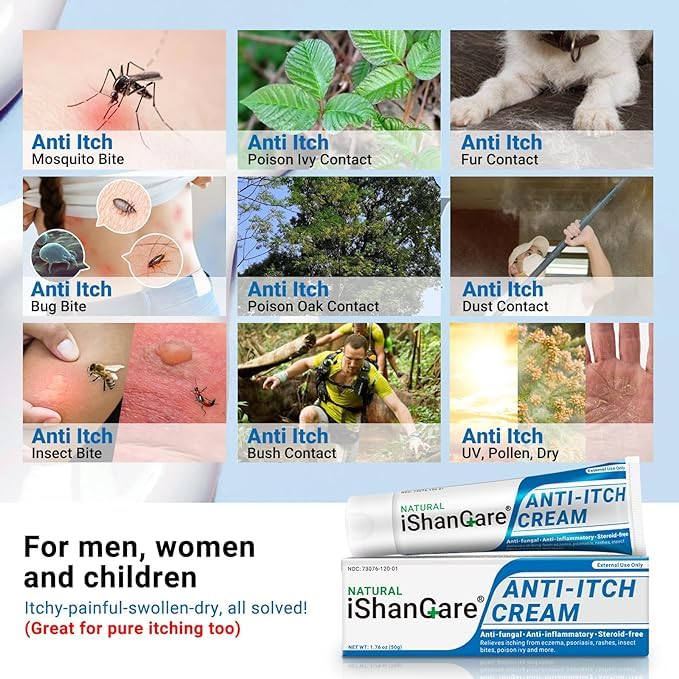 iShanCare® Anti Itch Cream, Maximum Strength Instant Itch Relief for Rash, Eczema, Bug/Mosquito Bites, Psoriasis, Poison Ivy, Dermatitis, Soothing Moisturizer for Dry, Sensitive Skin