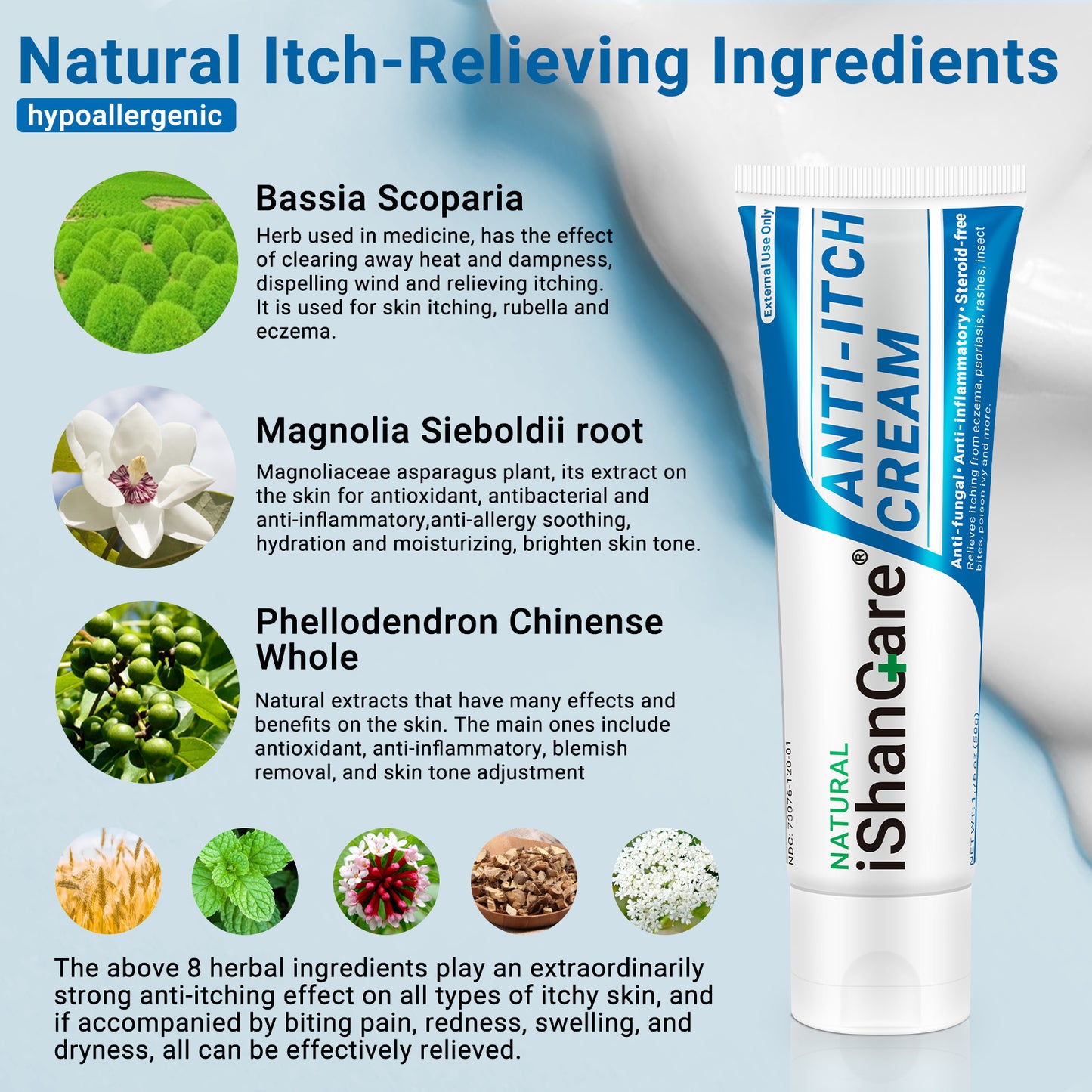 ishancare Anti Itch Soothing Cream Extra Strength Skin Itch Relief Ointment, for Full Body Itching Caused by Seasonal Changes, Dermatitis, Eczema, Rash, Psoriasis, Hives, Bites, Poison Ivy, 1.76 oz