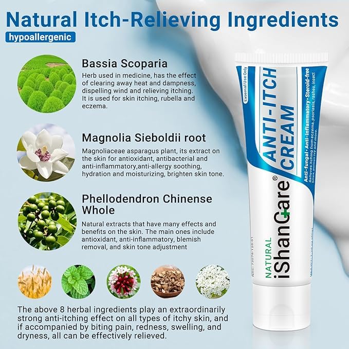 iShanCare® Anti Itch Cream, Maximum Strength Instant Itch Relief for Rash, Eczema, Bug/Mosquito Bites, Psoriasis, Poison Ivy, Dermatitis, Soothing Moisturizer for Dry, Sensitive Skin