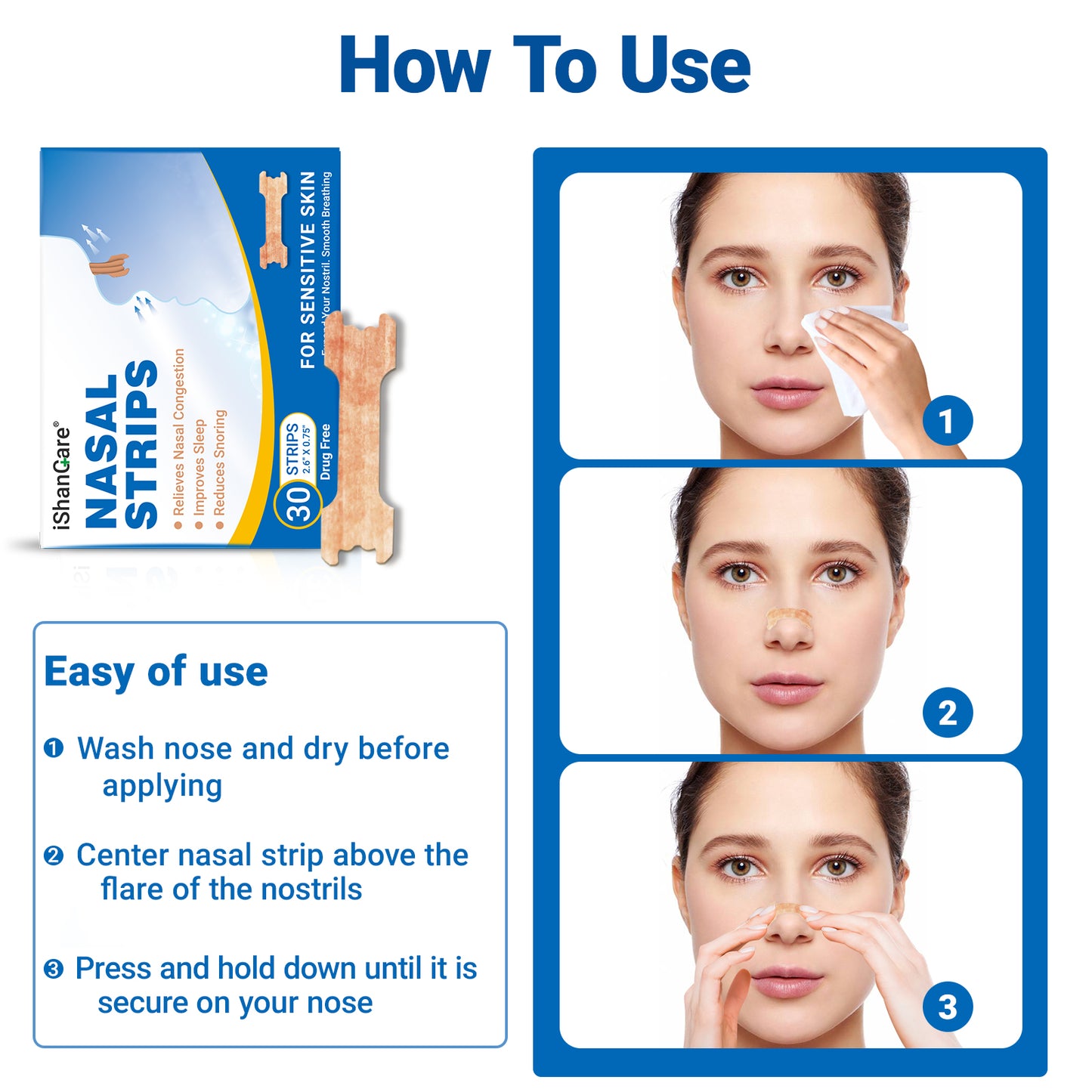 ishancare Nasal Strips for Breathing, 30 Count Sleep Nasal Strips for Snoring, Instant Tan Nose Breathing Strips for Better Sleep, Anti Snoring Nose Strips for Men & Women